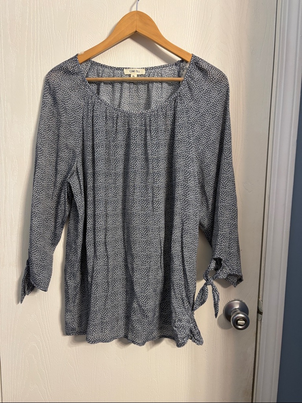 Grey Microdot Peasant Blouse with Tie Sleeves